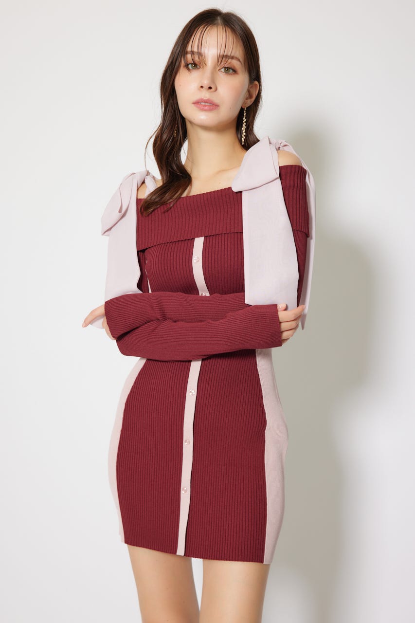rienda | バイカラーオフショルリボンニットミニワンピース