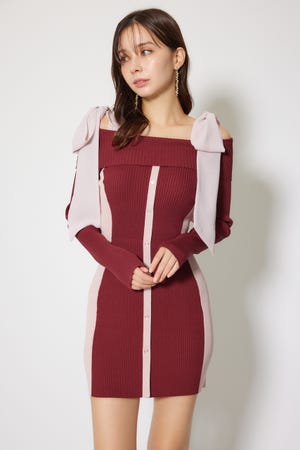 rienda | バイカラーオフショルリボンニットミニワンピース