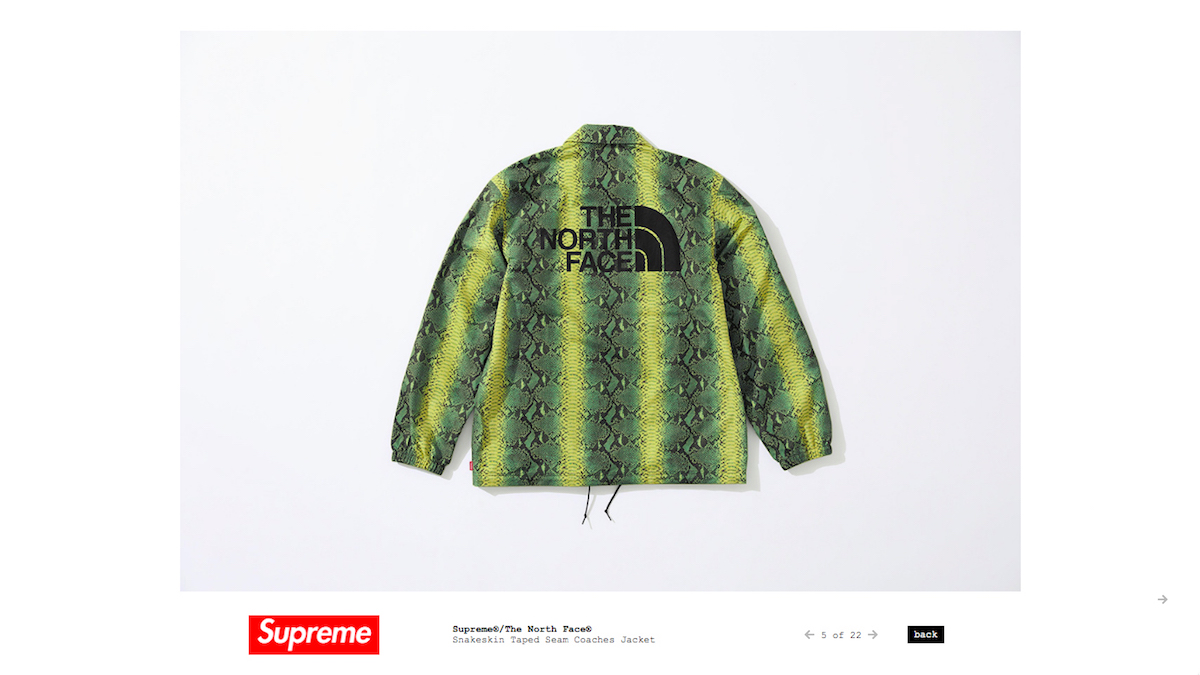 ヘビ柄がメーンの「シュプリーム」 × 「ノース・フェイス」 アパレルに