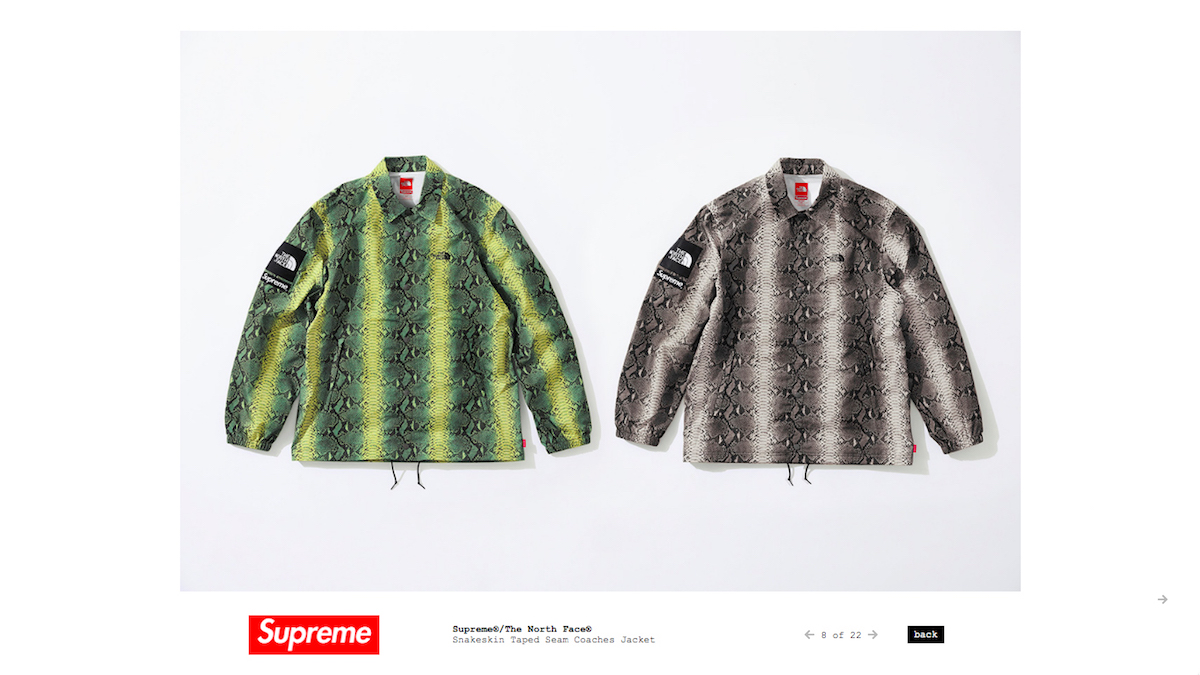 ヘビ柄がメーンの「シュプリーム」 × 「ノース・フェイス」 アパレルに