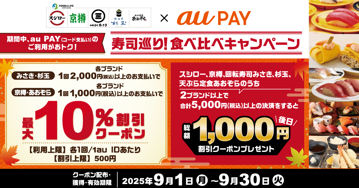 au PAY、回転寿司みさき、杉玉、京樽、天ぷら定食 あおぞらの対象店舗