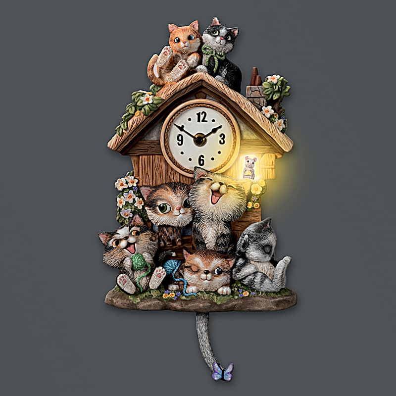 Frolicking Felines Fully Sculpted Hand-Painted Cat-Themed Cuckoo Clock