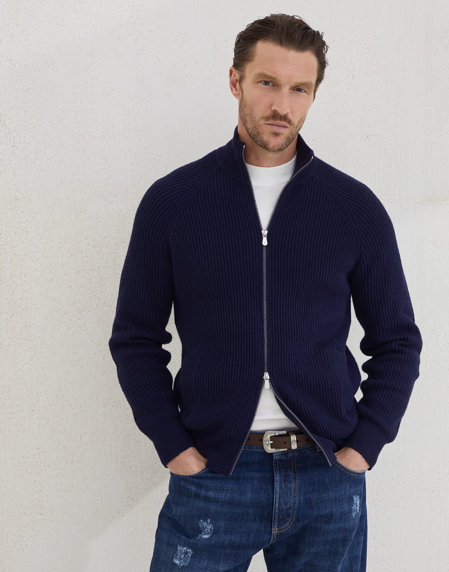 Zip-front cardigan for Man in Navy Blue | Brunello Cucinelli
