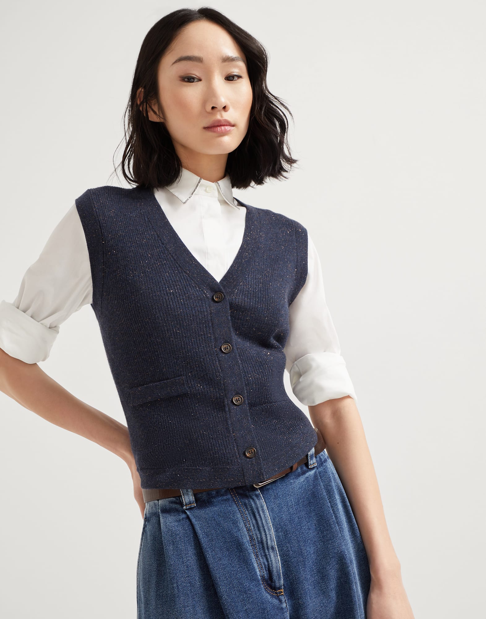 Cashmere knit vest for Woman in Navy Blue | Brunello Cucinelli