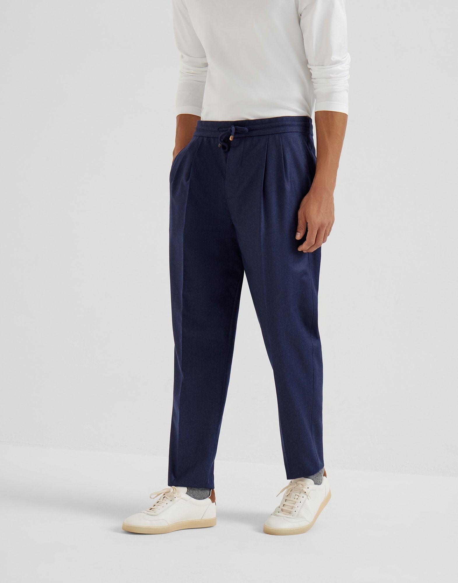 Virgin wool flannel trousers for Man in Marine Blue | Brunello