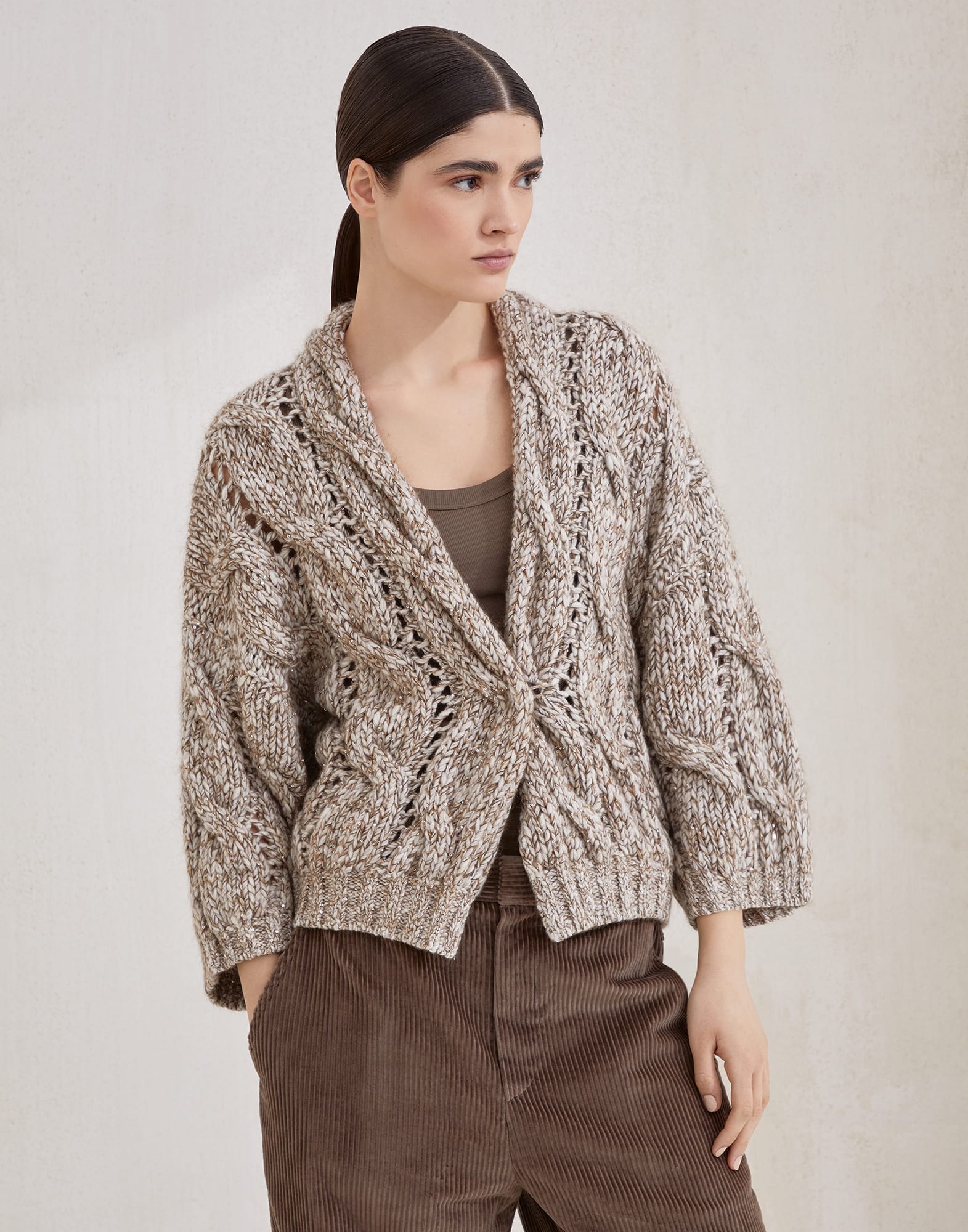 Dazzling chiné cardigan for Woman in Beige | Brunello Cucinelli