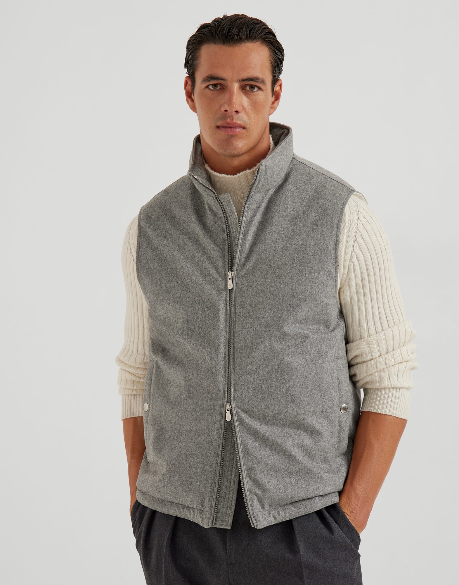 Bonded wool down vest for Man in Grey | Brunello Cucinelli