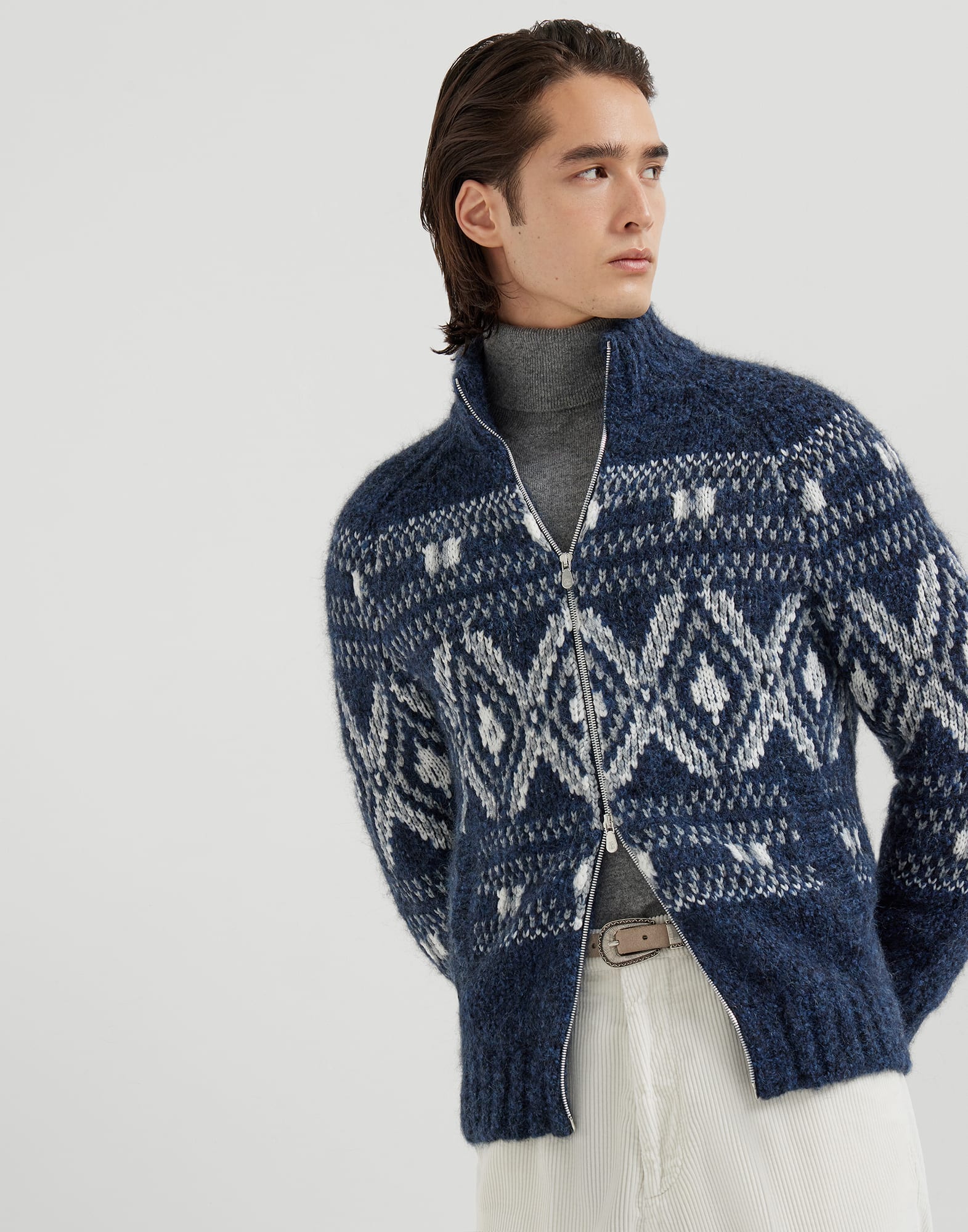 Jacquard cardigan for Man in Navy Blue | Brunello Cucinelli