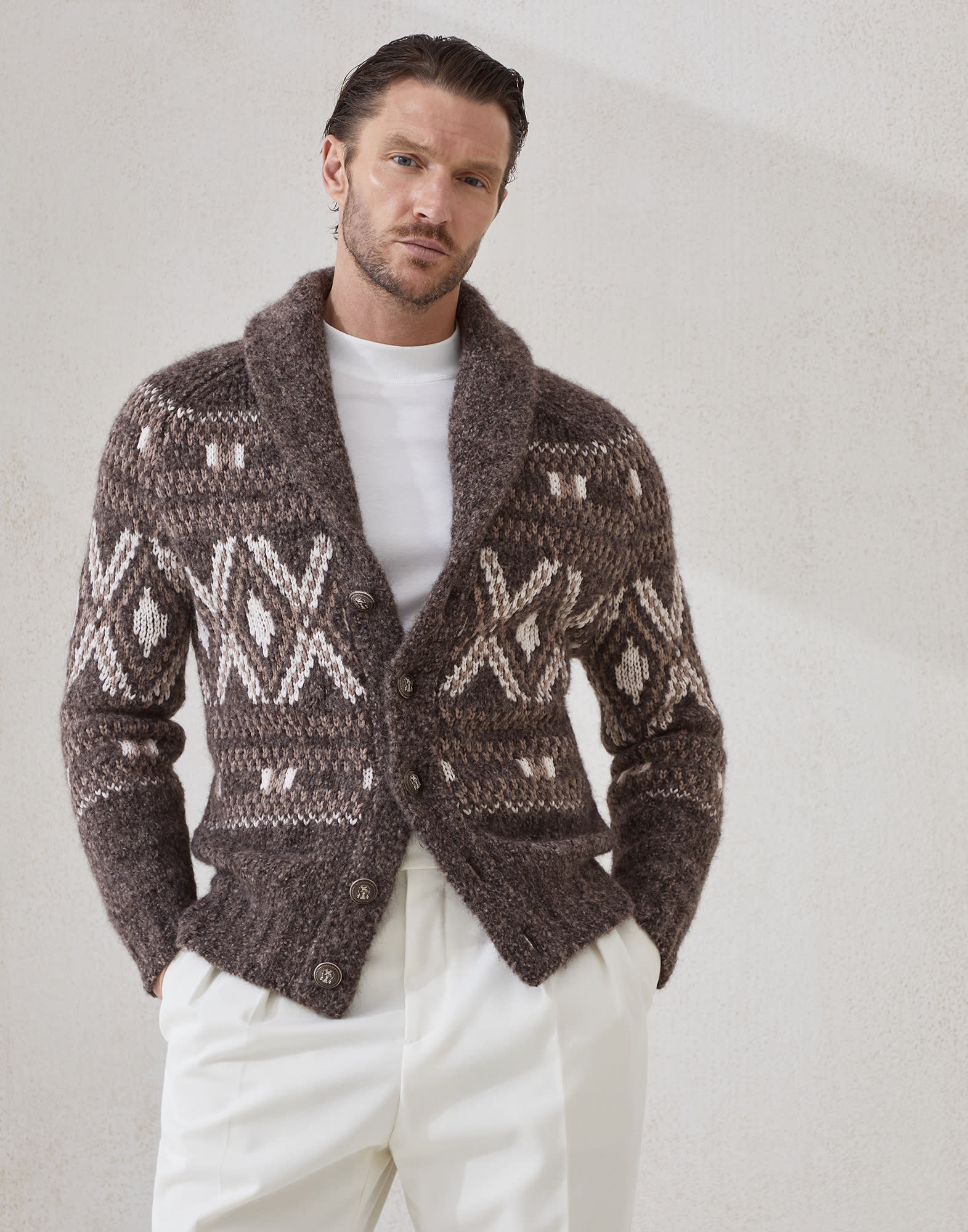 Cardigan with metal buttons for Man in Brown | Brunello Cucinelli