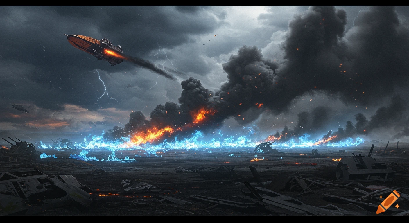 A wide shot of a futuristic battlefield engulfed in blue and