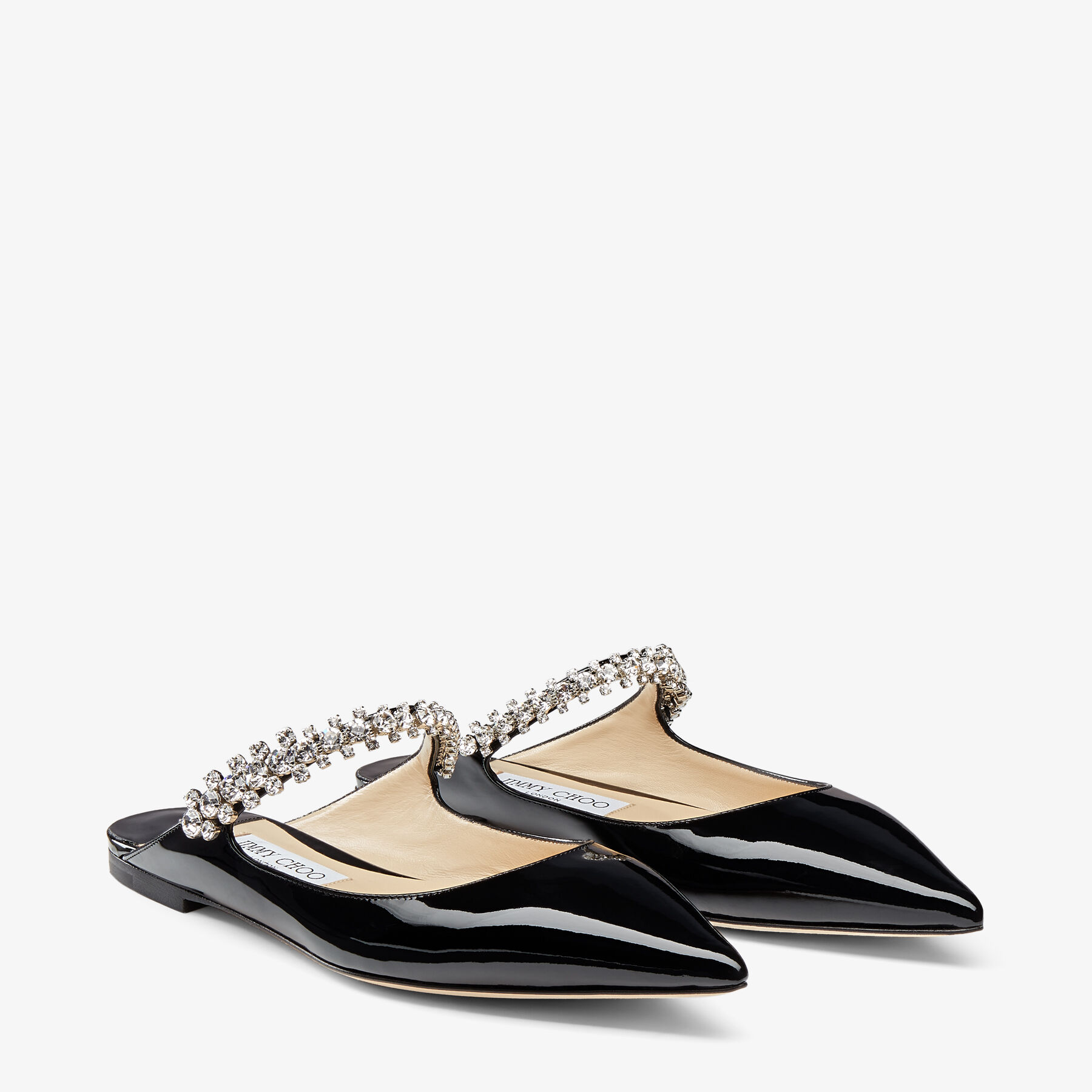 Bing Flat | Black Patent Leather Mules with Crystal Strap | JIMMY CHOO