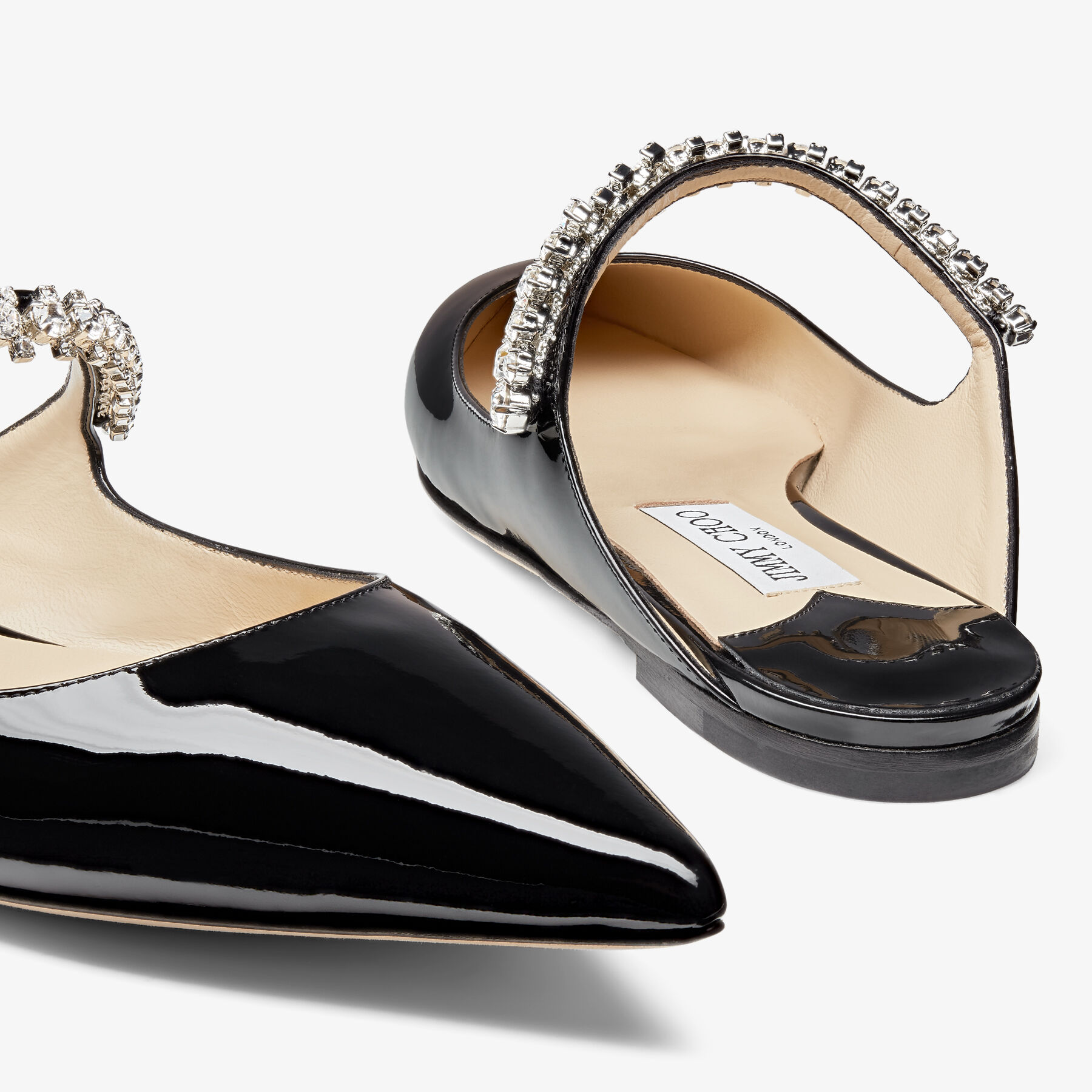 Bing Flat | Black Patent Leather Mules with Crystal Strap | JIMMY CHOO