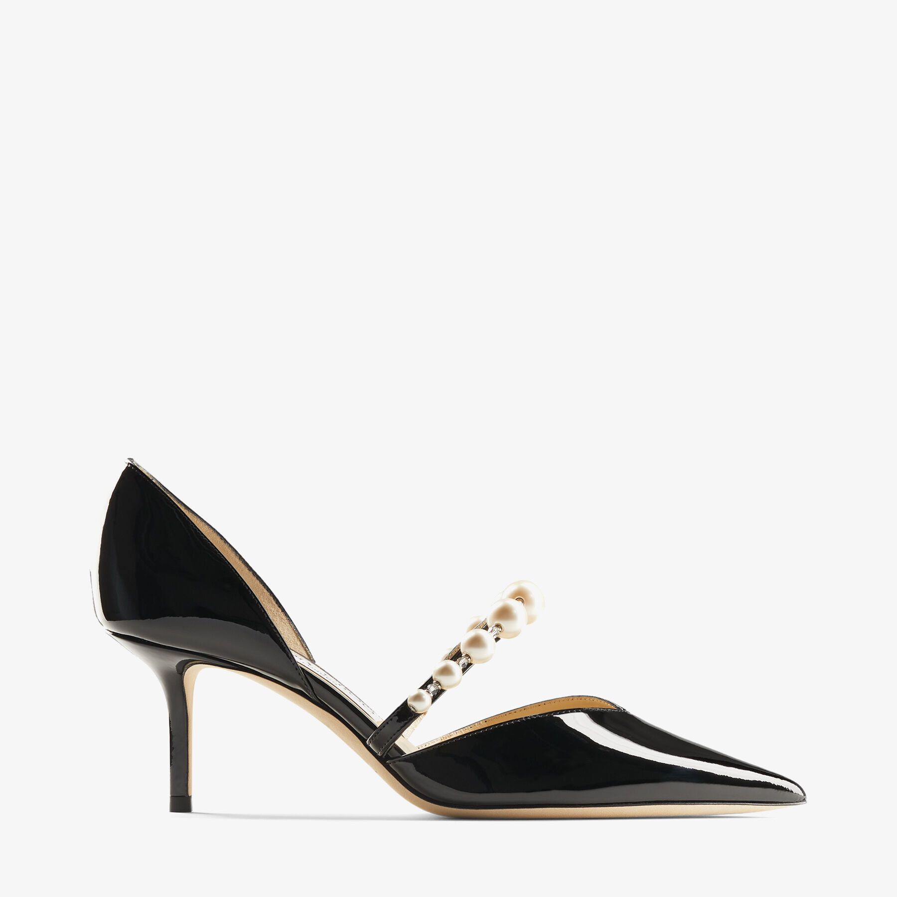 Black Patent Leather Pointed Pumps with Pearl Embellishment