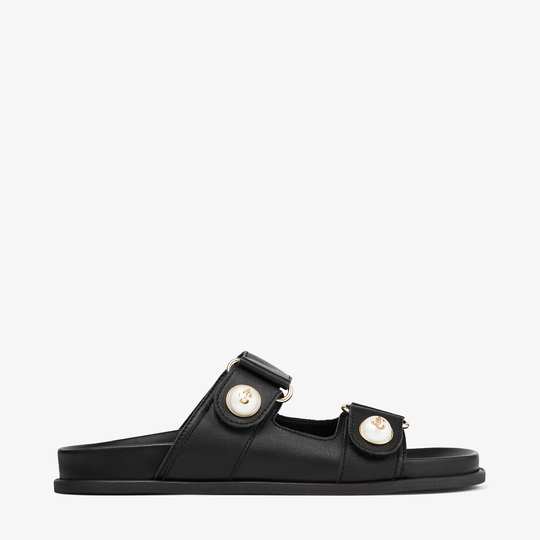 FAYENCE SANDAL | Black Leather Flat Sandals with Pearl