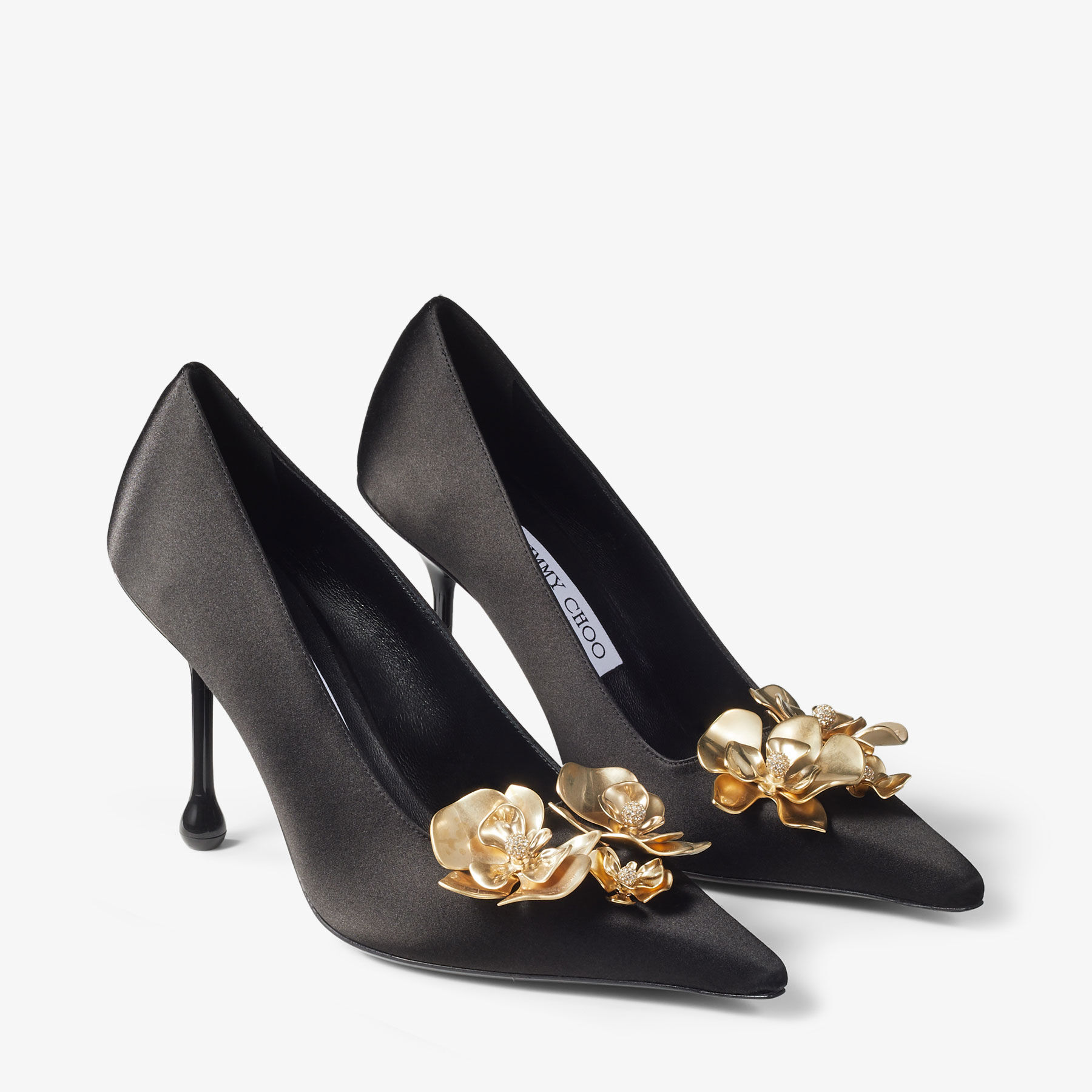 IXIA 95 | Black Satin Pumps with Flowers | New Collection | JIMMY CHOO