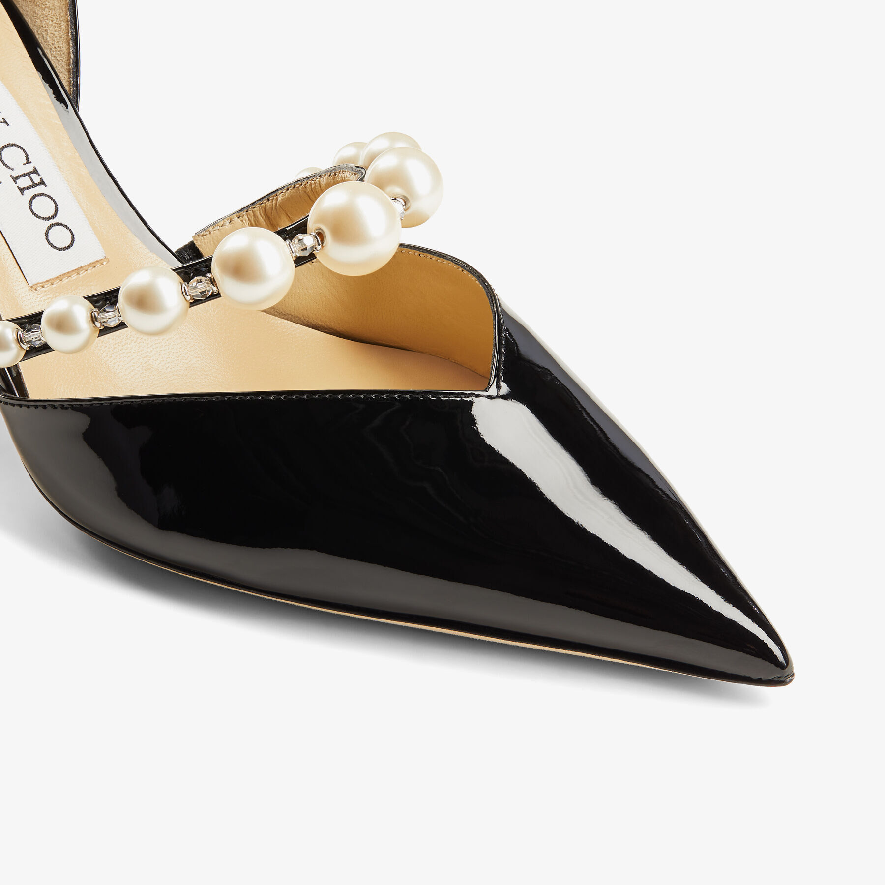 Black Patent Leather Pointed Pumps with Pearl Embellishment
