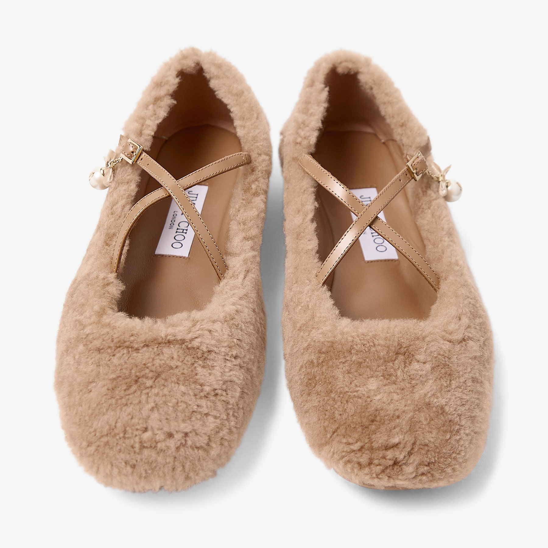 Eleri Ballerina S | Toffee Shearling Ballerina Pumps with Pearl