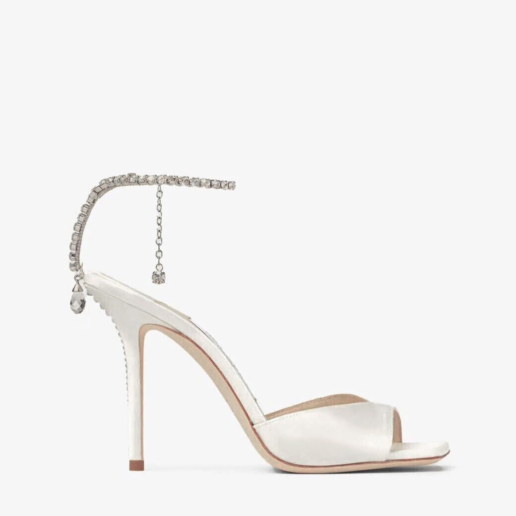 Saeda Sandal 100 | Ivory Satin Sandals with Crystal Embellishment