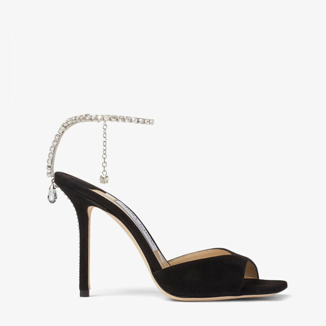 SAEDA SANDAL 100 | Black Suede Sandals with Crystal Embellishment