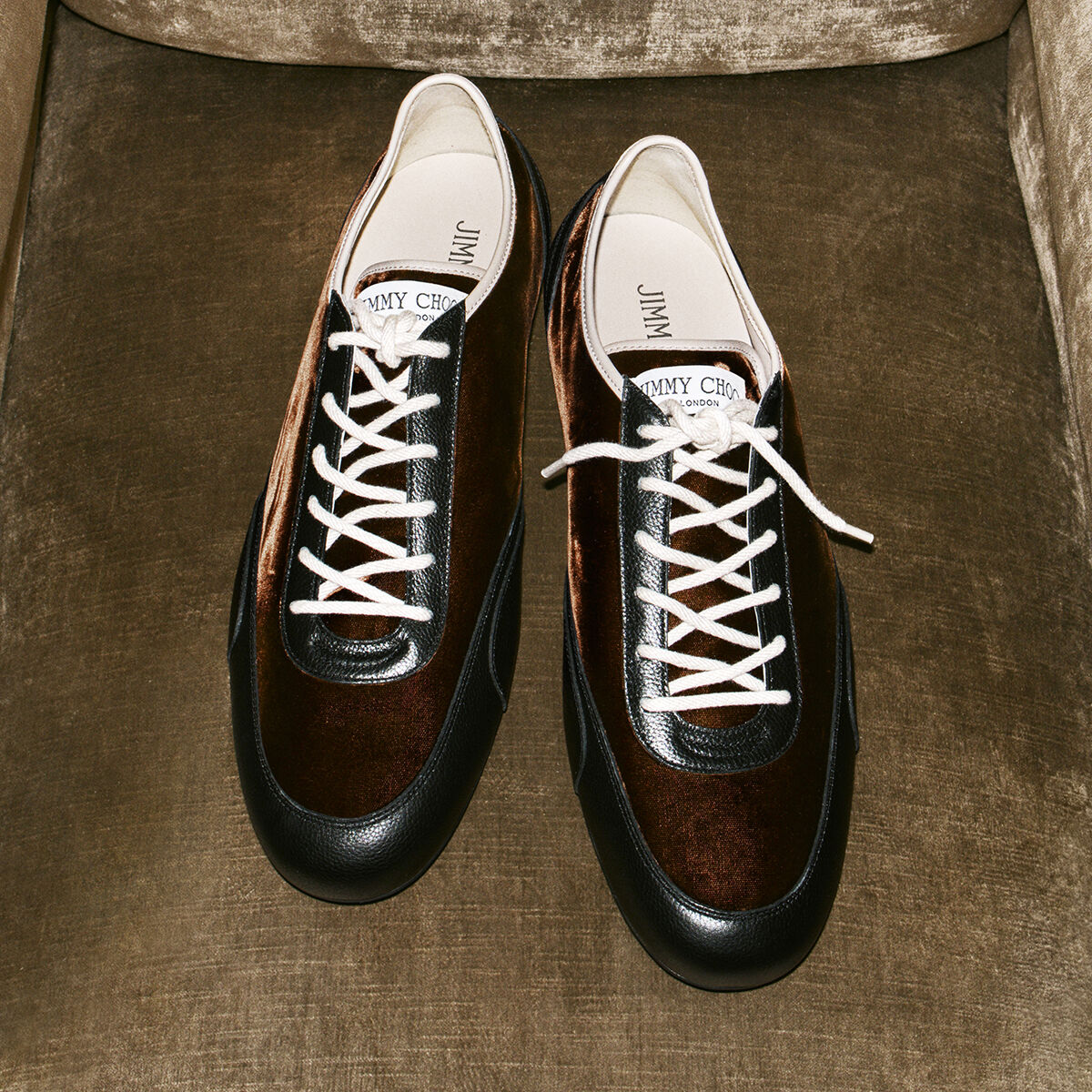 Sunny M | Bronze Mix Leather and Velvet Low Top Trainers | JIMMY CHOO