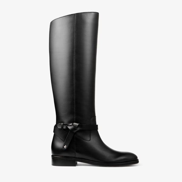 Lawton Knee Boot Flat | Black Calf Leather and Soft Vachetta Knee