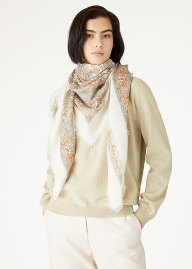 Yoyogi Shawl Cashmere, Silk White/Moss/Rust | Shawls Loro Piana