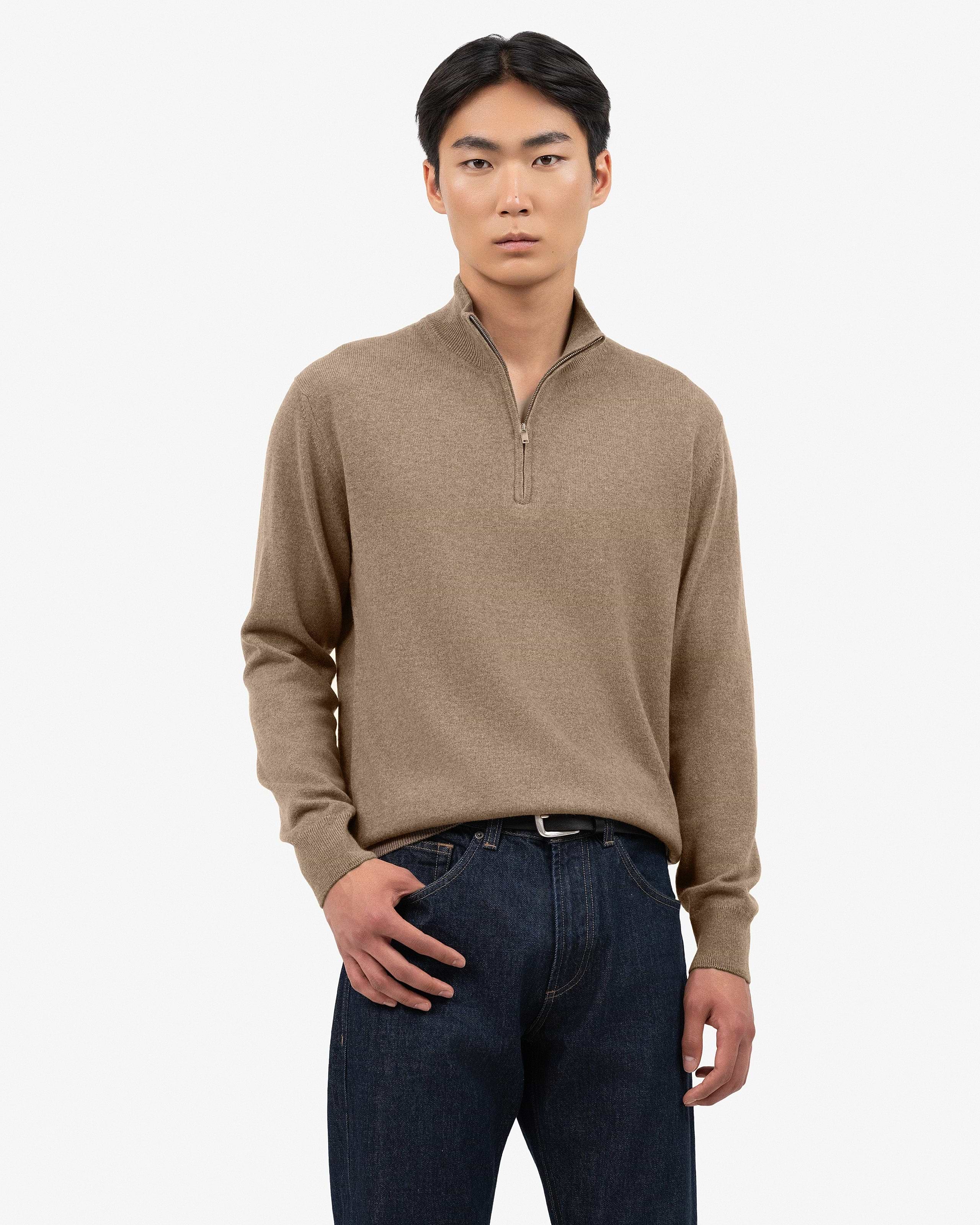 Men's Cashmere Half-Zip Mock Neck Jumper - Light Brown