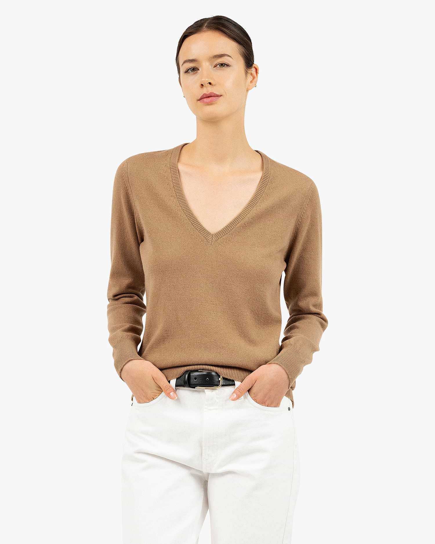 Women's Essential Cashmere V-Neck Sweater - Camel | MaisonCashmere
