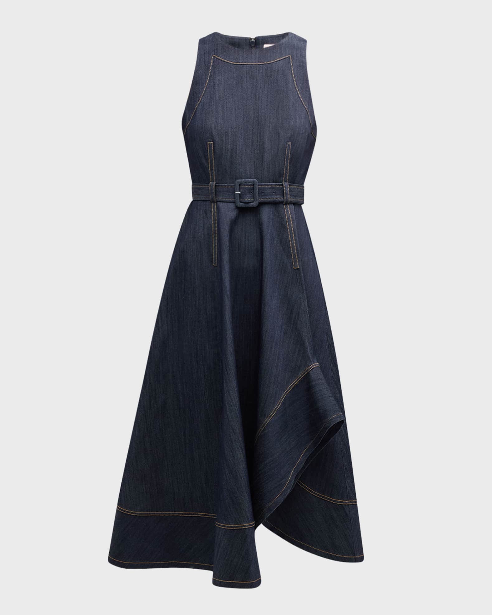 Cinq a Sept Zelda Belted Asymmetric Sleeveless Denim Midi Dress