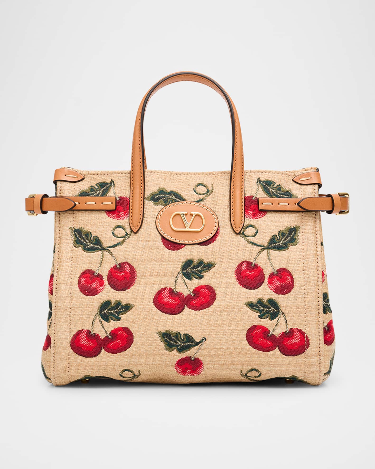 Valentino Garavani Antibes Small Raffia Cherry Jacquard Tote Bag