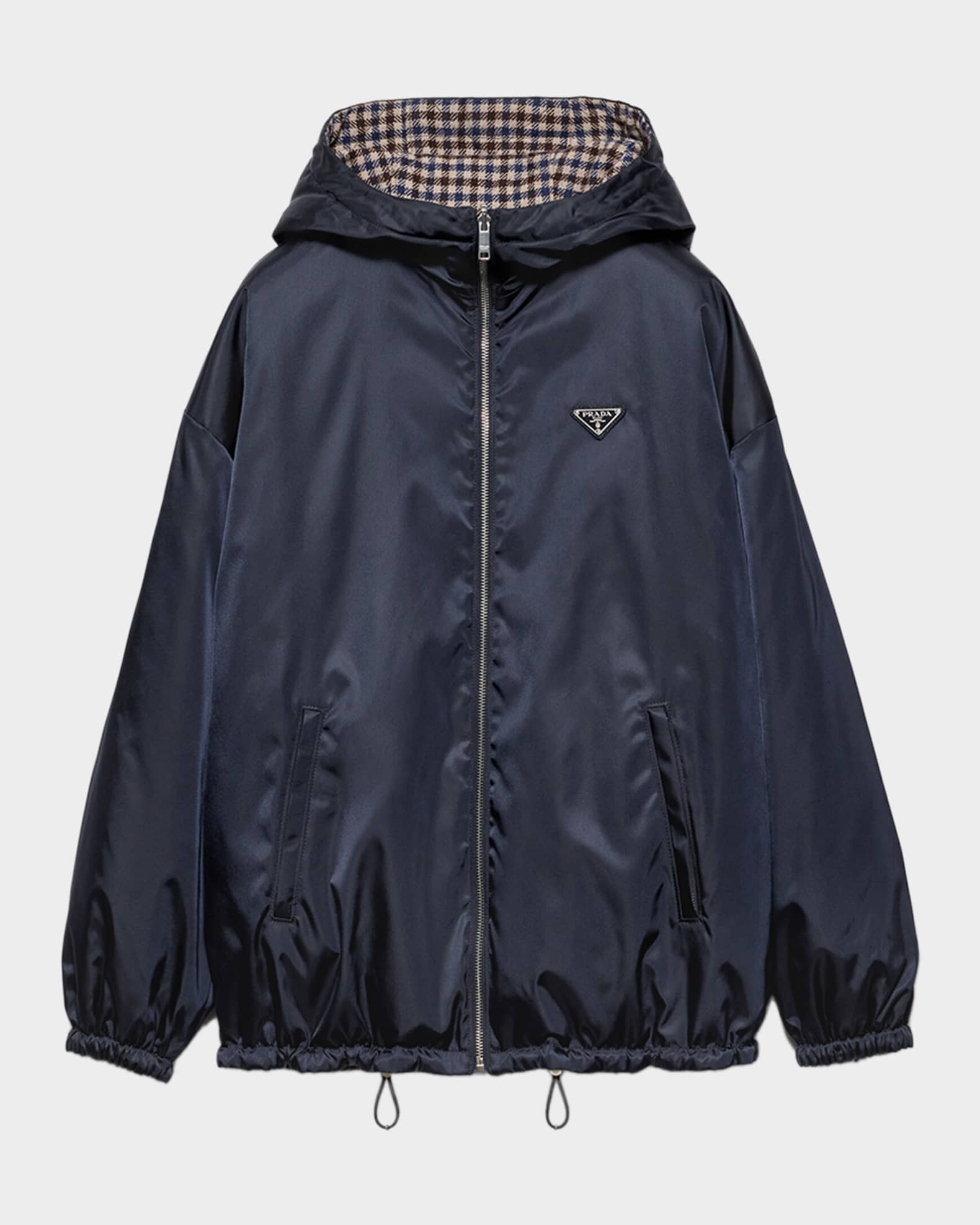 Prada Reversible Re-Nylon Check Zip Hooded Jacket | Neiman Marcus