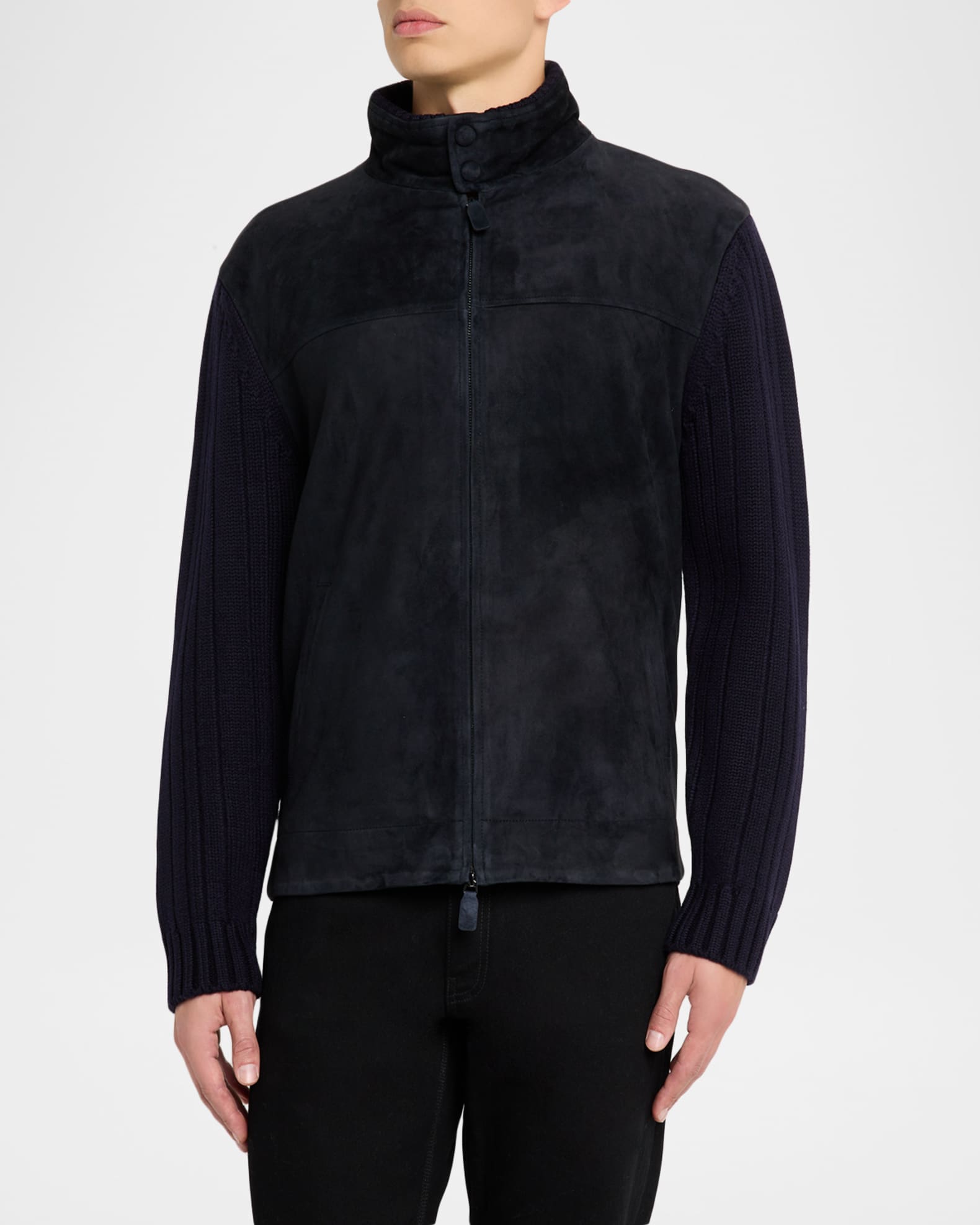 Emporio Armani Men's Suede and Wool-Knit Full-Zip Jacket | Neiman