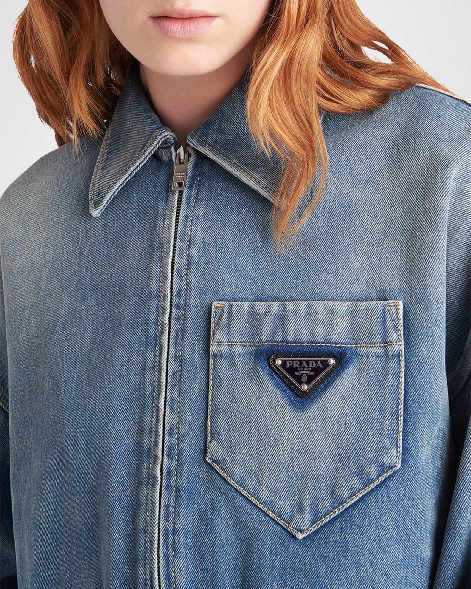 Prada Cropped Zip-Front Denim Jacket | Neiman Marcus