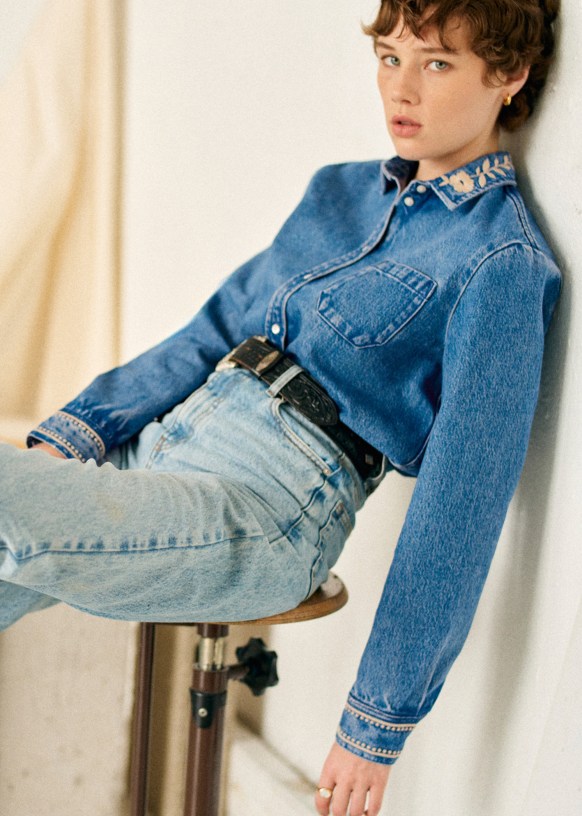 Tomboy Shirt - Embroidered Blue Denim - Cotton - Sézane