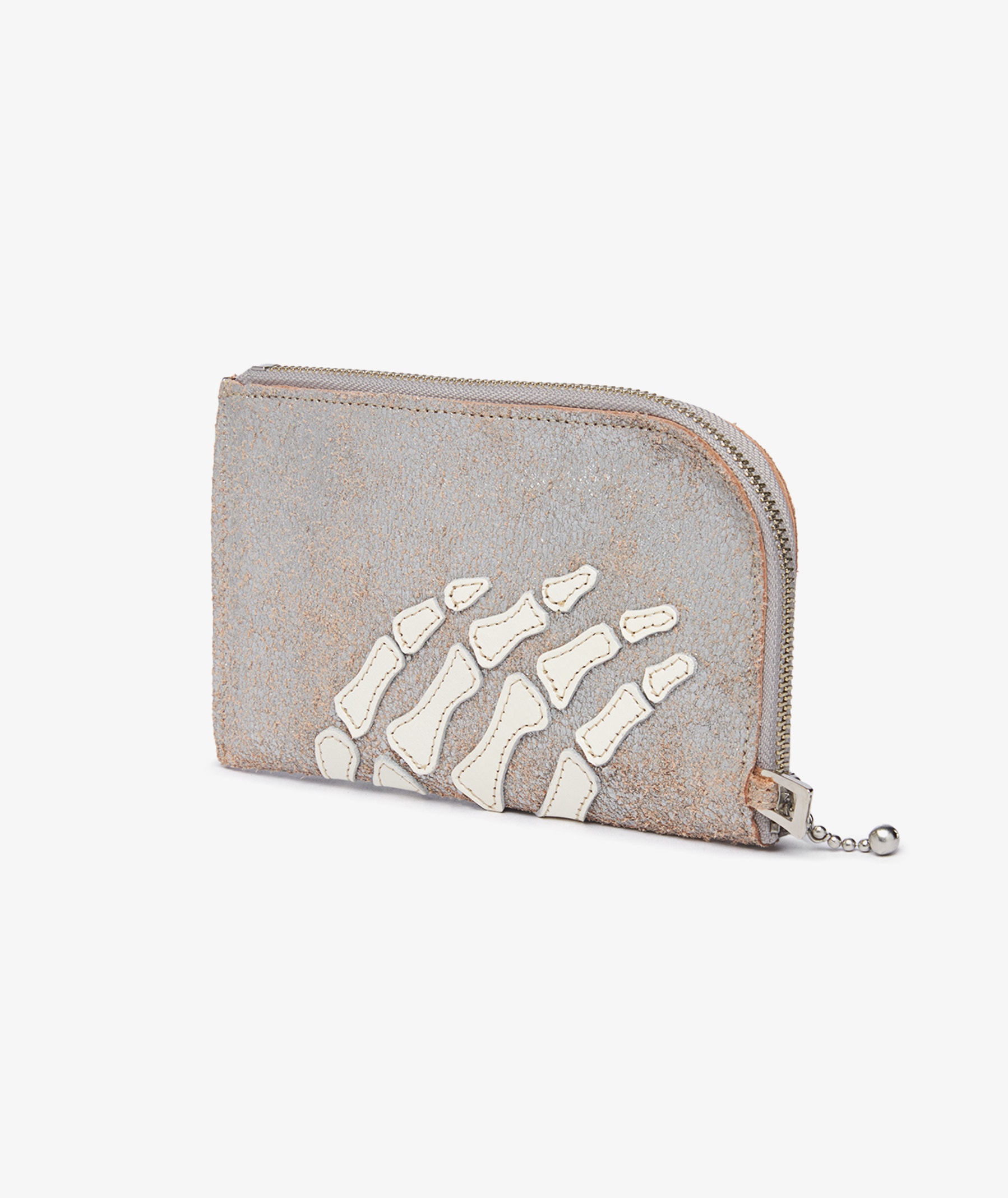 KAPITAL Crack Leather Thumbs-Up Bone Hand Zip Neck Pouch in Silver
