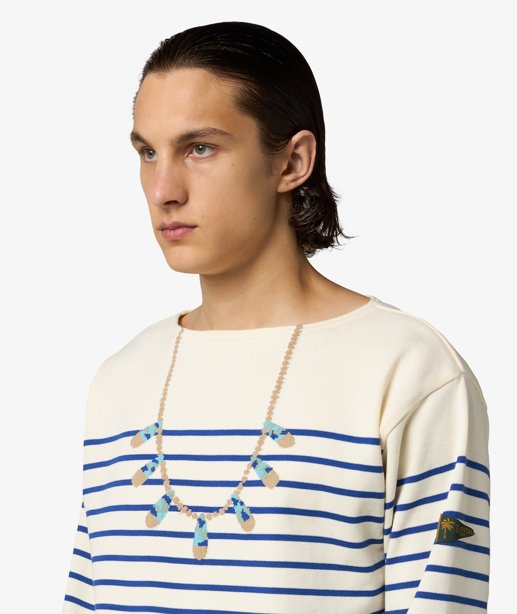 KAPITAL 12G Panel Stripe Boat-Neck Sweater | Male | SVD USA