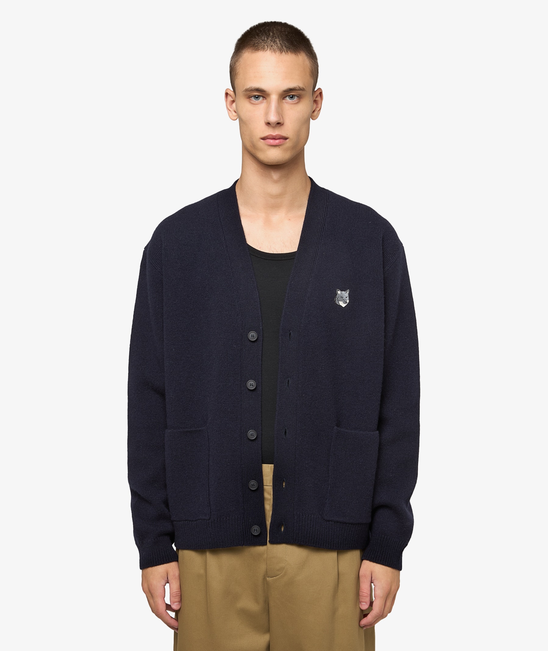 MAISON KITSUNÉ Fox Head Milano Lambswool Cardigan | Classic Navy