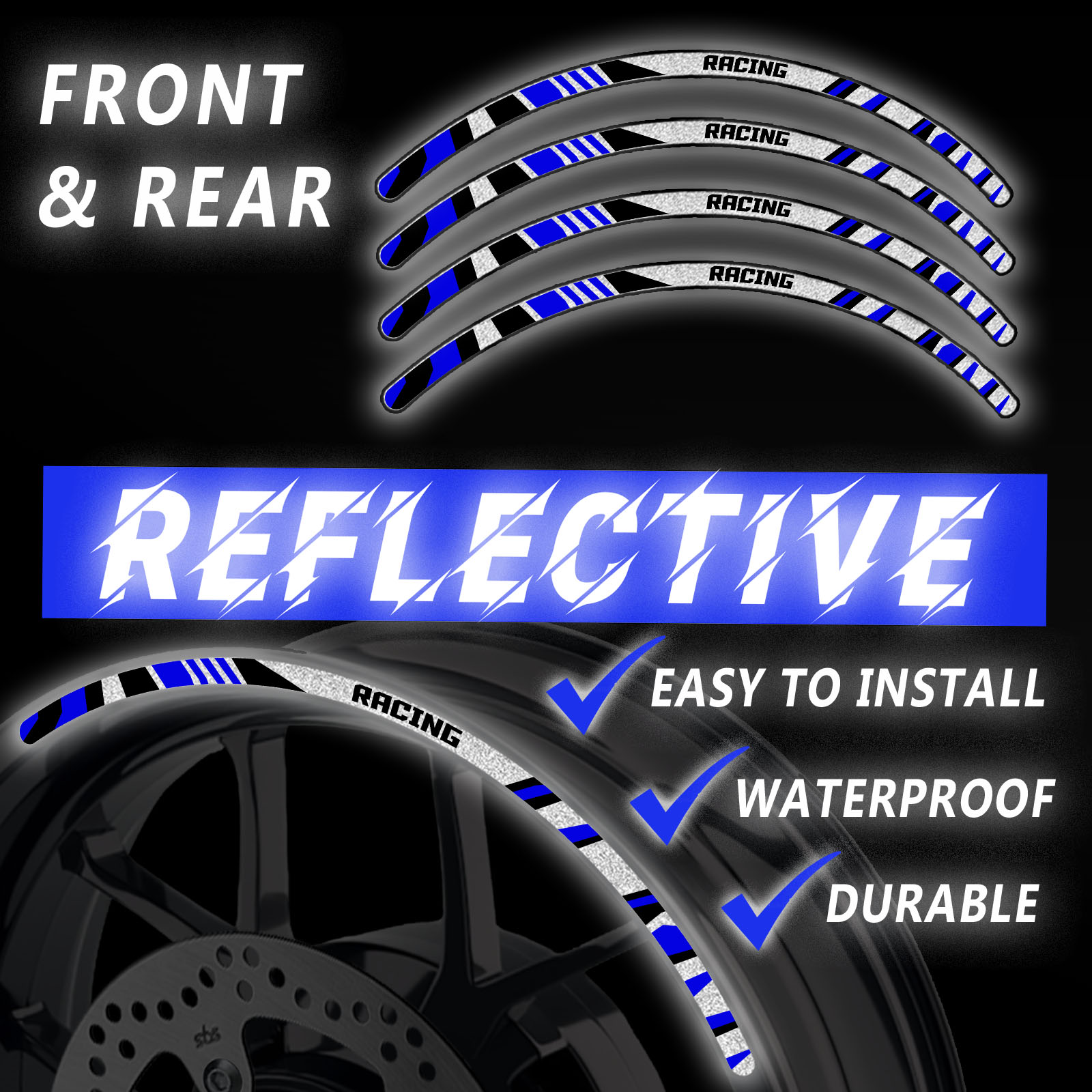 SH03 Blue 17 INCH REFLECTIVE RIM STICKER For Kawasaki ZX10R Ninja