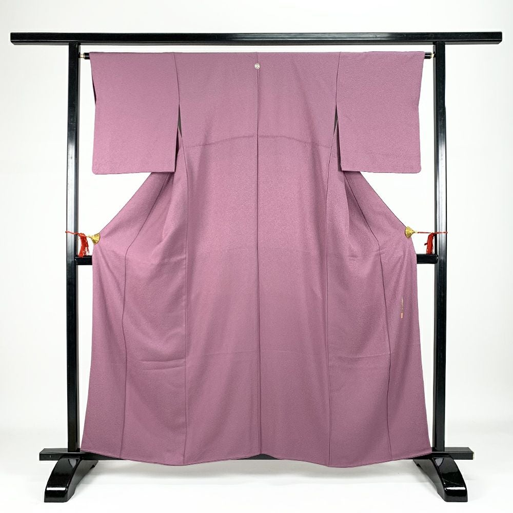 中古）色無地 紫地 地紋織り たたき風 本草木染作家 瑞宝 袷 SS【身丈