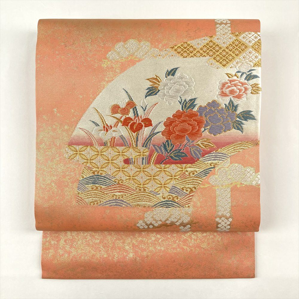 中古）九寸名古屋帯 オレンジ 金糸 松 竹 牡丹 菖蒲【総丈】338cm