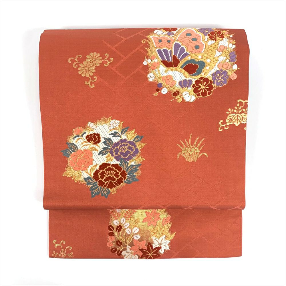 中古）九寸名古屋帯 オレンジ地 名古屋立て 金糸 花丸 蝶