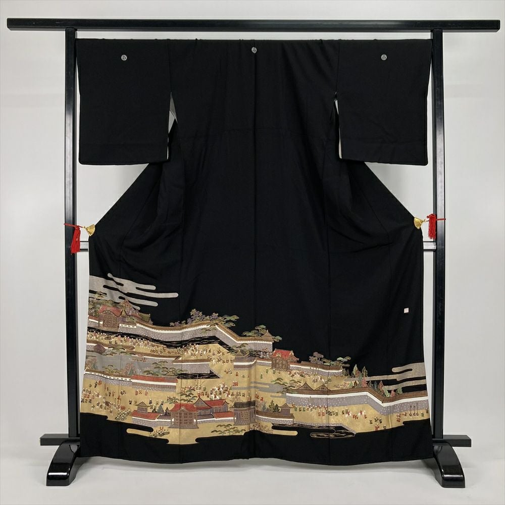 中古）黒留袖 黒 フォーマル 金駒刺繍 金彩 大名行列図 五つ紋 落款 袷