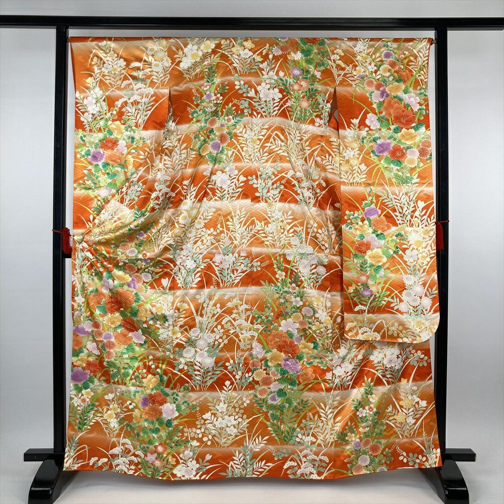 中古）振袖 オレンジ フォーマル 金駒刺繍 地紋織り ぼかし染め 牡丹