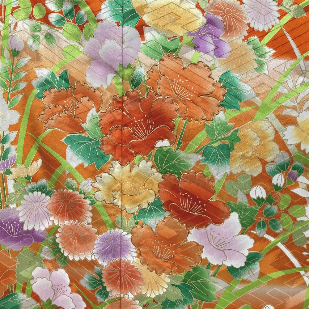 中古）振袖 オレンジ フォーマル 金駒刺繍 地紋織り ぼかし染め 牡丹