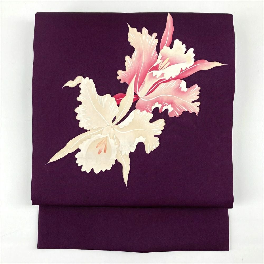 中古）名古屋帯 紫 カジュアル 名古屋仕立て 塩瀬 染め カトレア