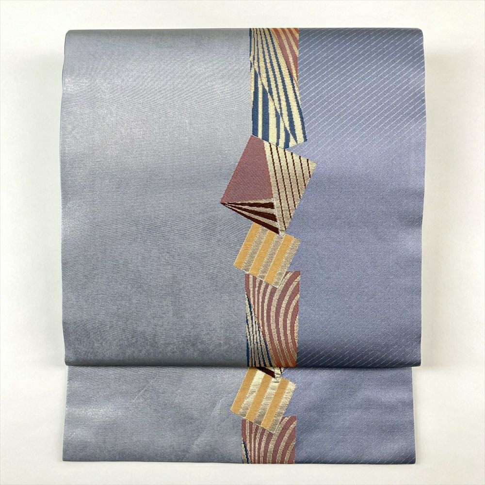 中古）名古屋帯 薄花桜色 水色 カジュアル 名古屋仕立て 引き箔 抽象柄 絹