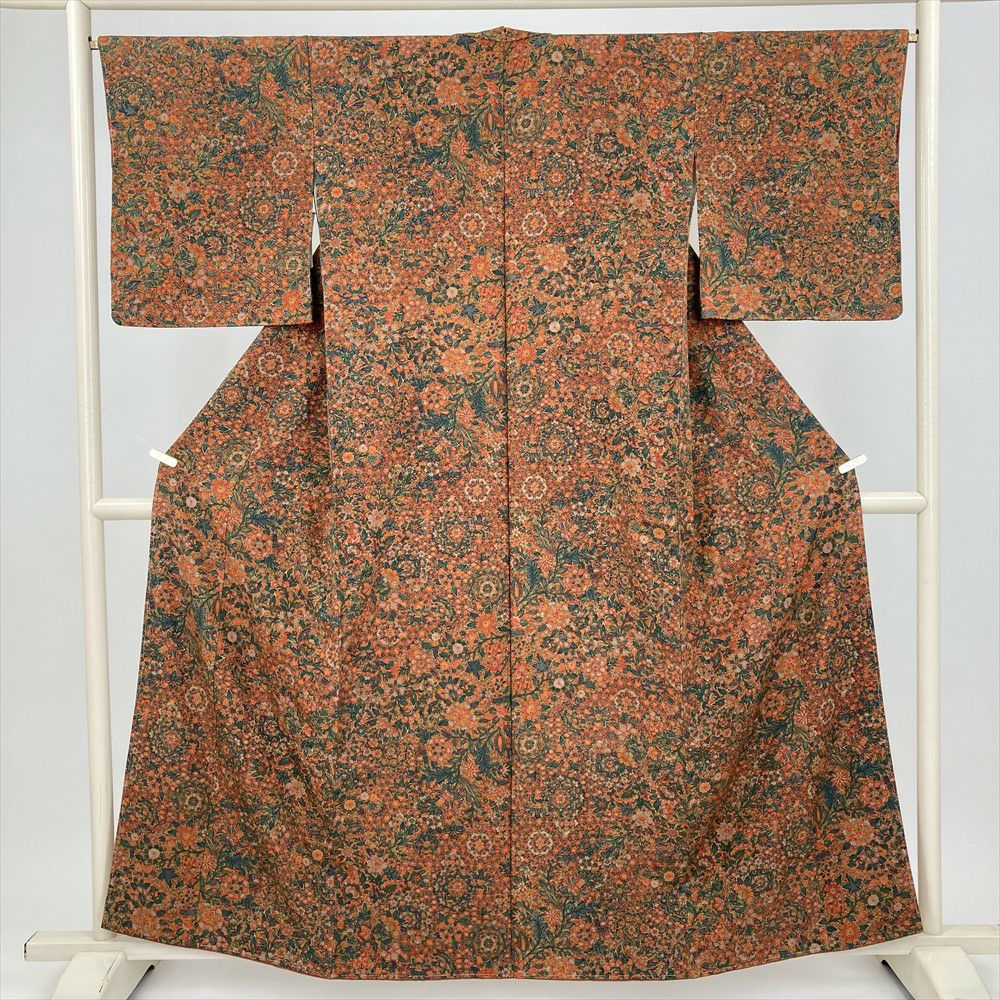 中古） 小紋 橙 オレンジ カジュアル 和更紗 袷 絹【身丈】153.5cm【裄