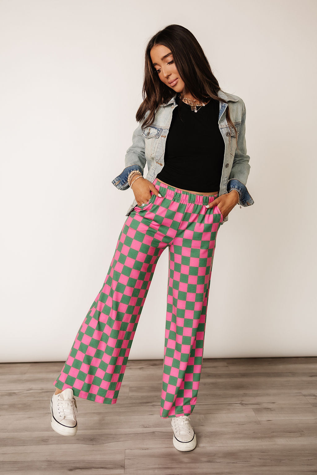 Pink and Green Checked Comfy Wide Leg Pants | Checkmate Pants