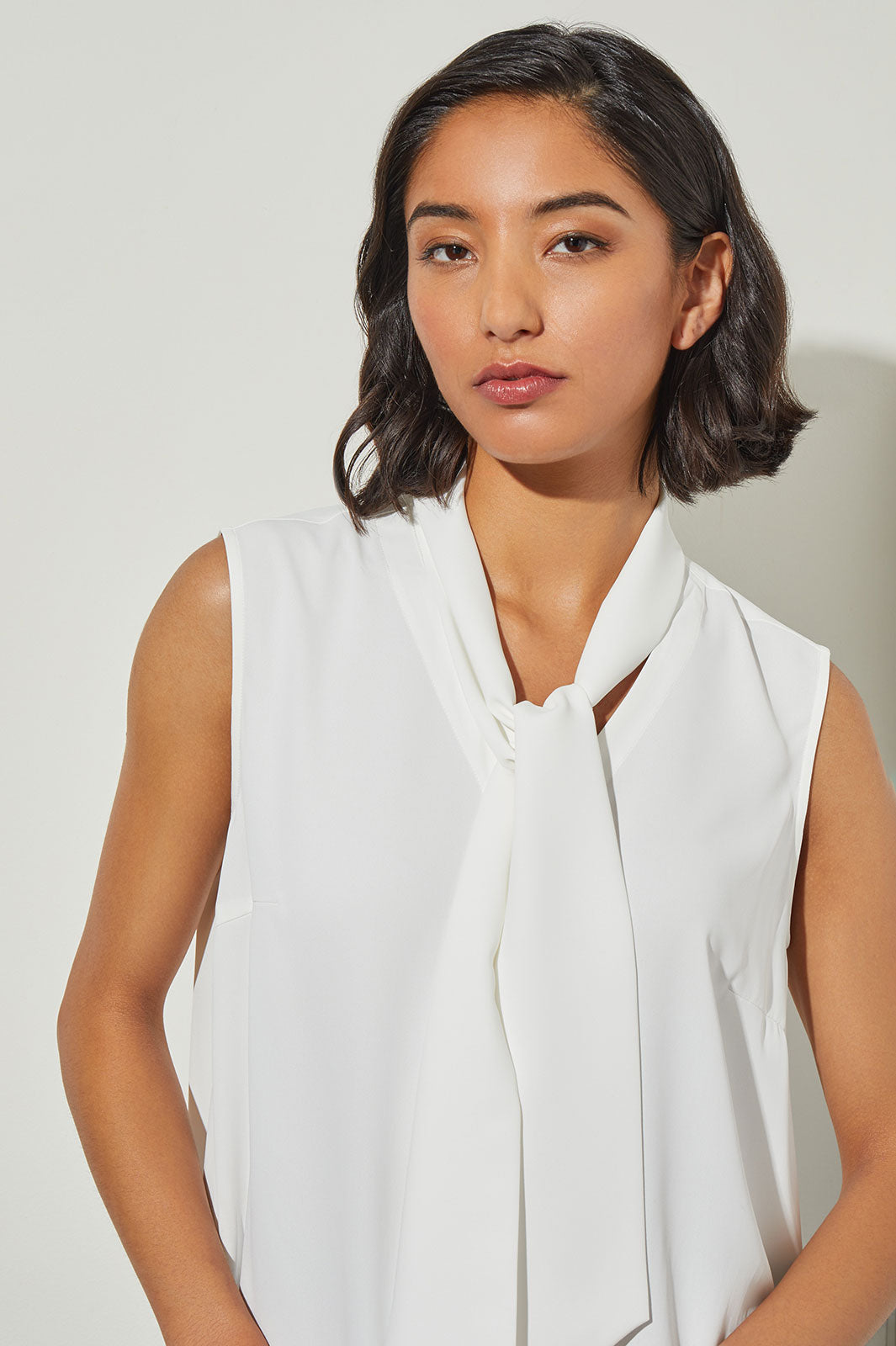 Plus Size Drape Tie-Neck Crepe de Chine Blouse, White | Ming Wang