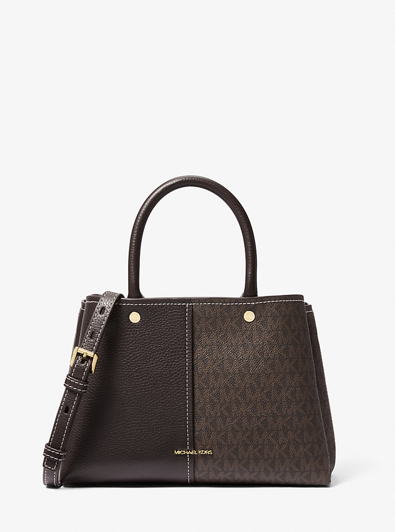 Flora Medium Signature Logo and Leather Satchel in BROWN - Sale